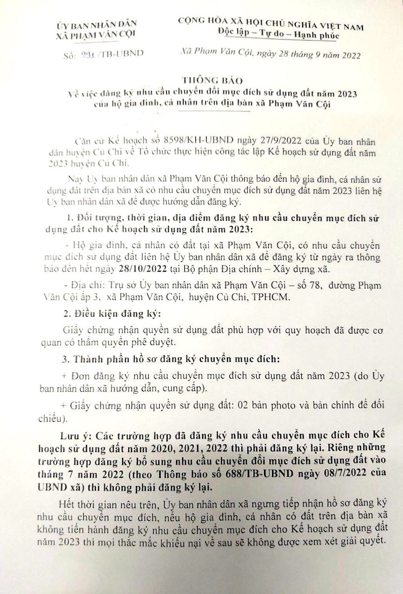 Thông báo đăng ký chuyển mục đích sử dụng đất tại xã Phạm Văn Cội