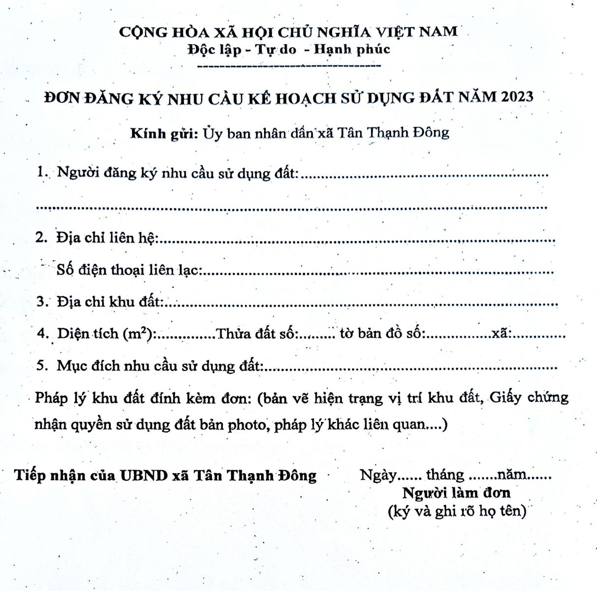 Đơn đăng ký thổ cư đất Củ Chi - Xã Tân Thạnh Đông